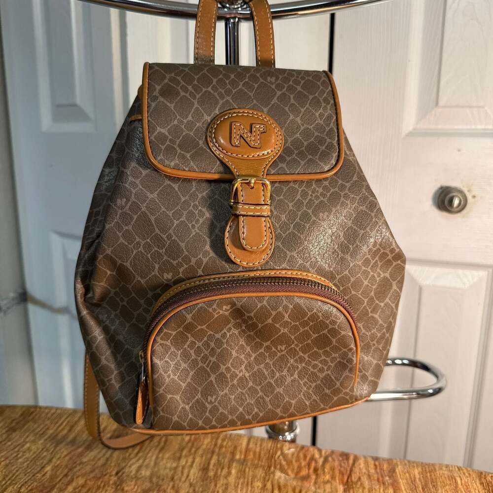 NINA RICCI Vintage Brown Coated Canvas Leather Backpack